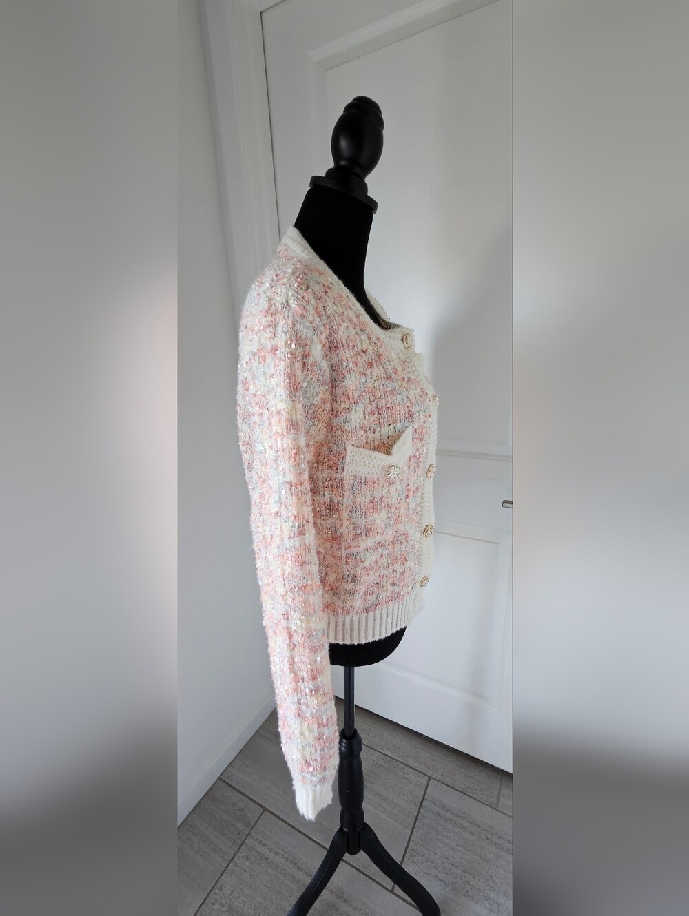 Handmade Women's Cream & Blush Textured Button-Front Cardigan - Picture 7 of 11